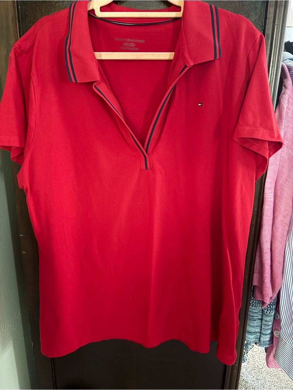 Tommy Hilfiger Red Polo-Style Short Sleeve Top with Navy Trim